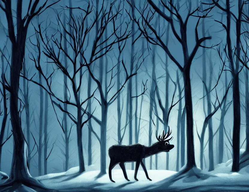 Prompt: animal god in the winter woods. limited palette, western 2 d animation from the 2 0 1 0 s, backlighting, bold composition, depth of field.