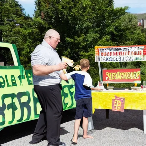 Prompt: a man roundhouse kicks a lemonade stand