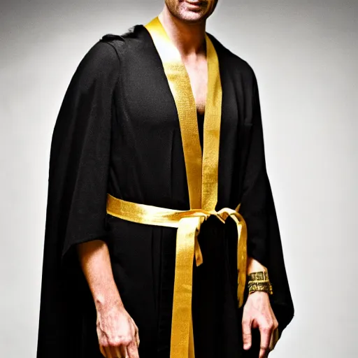 Image similar to mathew goode wearing black robe and golden necklace cinematic photoshoot high quality highly affordable photo realistic 8 k hd