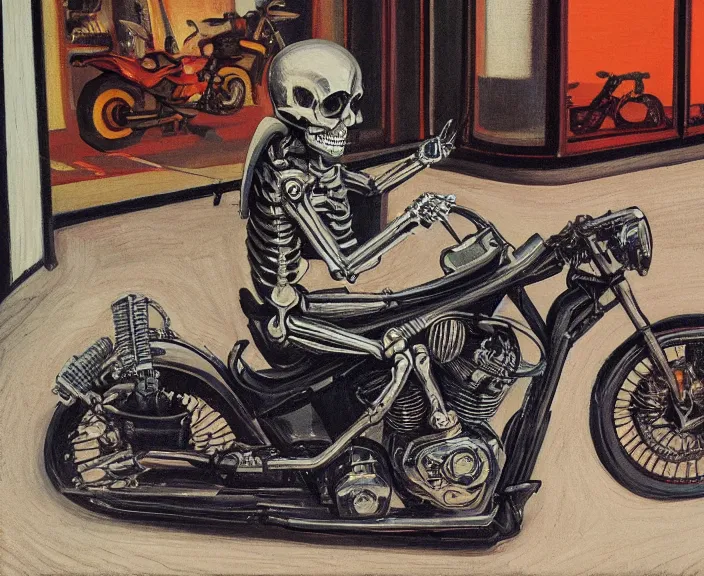 Image similar to a very detailed painting of a skeleton wearing a leather jacket, riding a motorbike, harley davidson motorbike, worm's - eye view, very fine brush strokes, very aesthetic, very futuristic, in the style of edward hopper and grant wood and syd mead, 4 k,