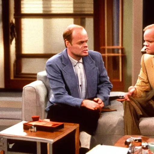 Prompt: 1990s tv still of Frasier and Niles crane having a drink in Frasier's apartment