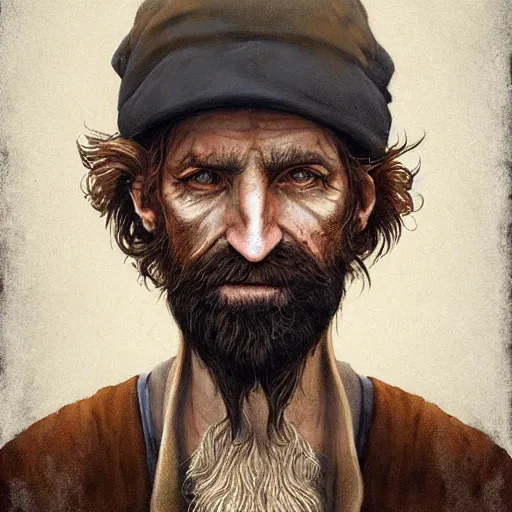 Image similar to full-body portrait of a majestic hobo, brown and gold, rags, beard, missing teeth, by Anato Finnstark, Tom Bagshaw, Brom