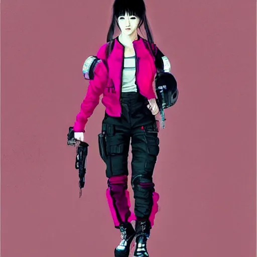 Prompt: Korean cyberpunk female wearing pink techwear jacket and military cargo pants, trending on artstation by Ruan Jia and Mandy Jurgens and Artgerm and william-adolphe bouguereau