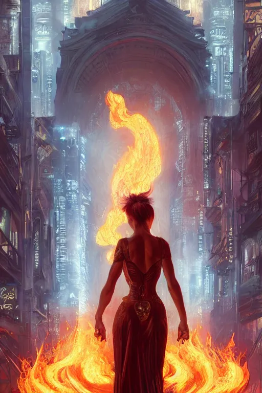 Image similar to in the foreground a blonde woman from behind with flames in her hands coming out of her hands in the background paris in cyberpunk, intricate, highly detailed, digital painting, artstation, concept art, matte, sharp focus, illustration, art by artgerm and greg rutkowski and alphonse mucha