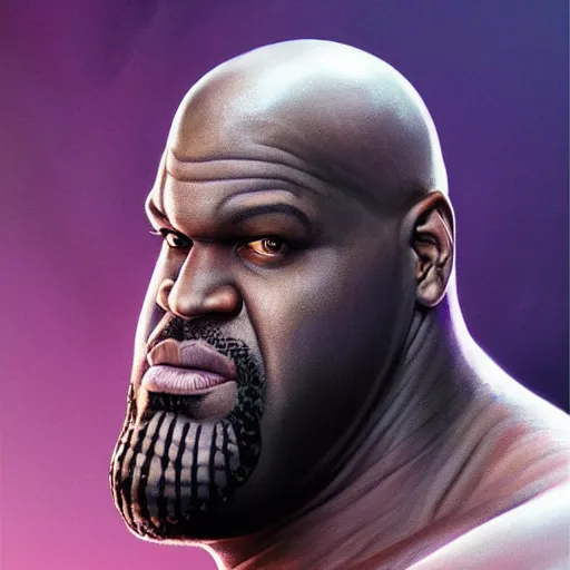 Prompt: portrait of Shaquille O\'Neal as Thanos, elegant, intricate, headshot, highly detailed, digital painting, artstation, concept art, sharp focus, illustration, art by artgerm and greg rutkowski and alphonse mucha