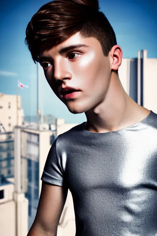 Image similar to un ultra high definition studio quality photographic art portrait of a young man standing on the rooftop of a british apartment building wearing soft padded silver pearlescent clothing. three point light. extremely detailed. golden ratio, ray tracing, volumetric light, shallow depth of field. set dressed.