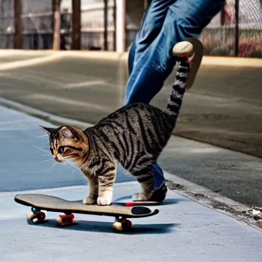 Prompt: a cat pulling a man on a skateboard