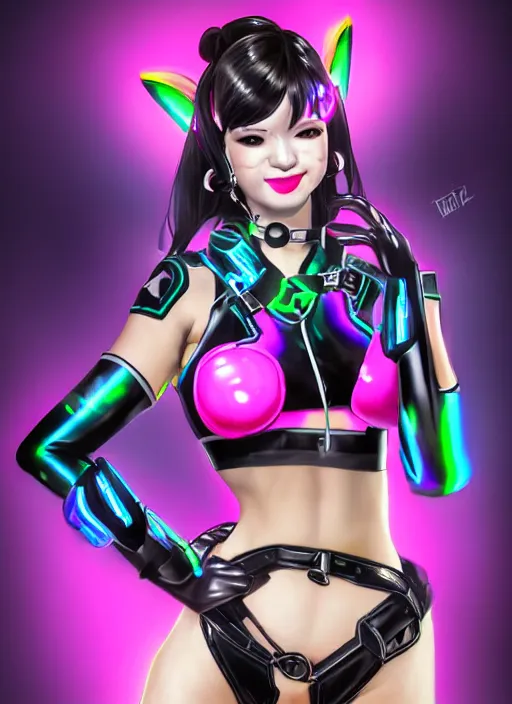 Image similar to full body digital artwork of dva overwatch, wearing black iridescent rainbow latex bikini, 4 k, expressive happy smug expression, makeup, in style of mark arian, wearing detailed black leather collar, wearing chains, black leather harness, leather cuffs around wrists, detailed face and eyes,