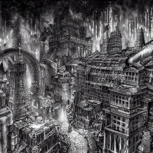 Image similar to stunning concept art for an underground city by kentaro miura, hyper-detailed, professional illustration