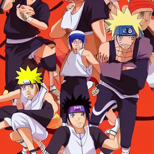 Image similar to the characters of naruto shippuden in a pickup basketball game, 8k, highly detailed, art station, professional artist, hyper detailed, naruto uzumaki, kakashi hatake,