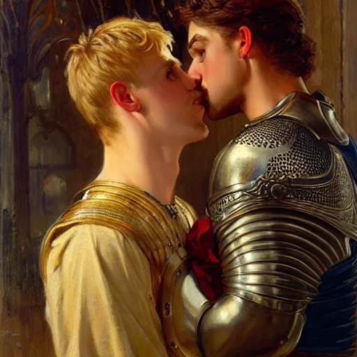 Image similar to attractive fully clothed arthur pendragon confesses his love for his attractive fully clothed male knight. highly detailed painting by gaston bussiere and j. c. leyendecker 8 k