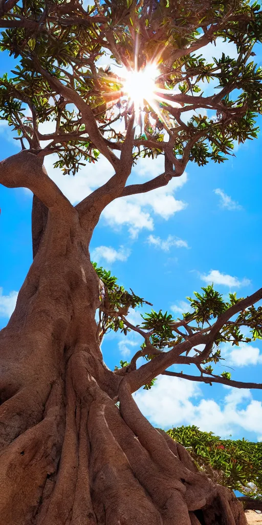 Prompt: Aruba iconic Divi tree beautiful sun rays award winning photo