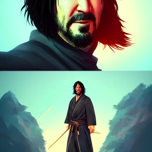 Image similar to Portrait of Keanu Reeves as a samurai, mattepainting concept Blizzard pixar maya engine on stylized background splash comics global illumination lighting artstation lois van baarle, ilya kuvshinov, rossdraws