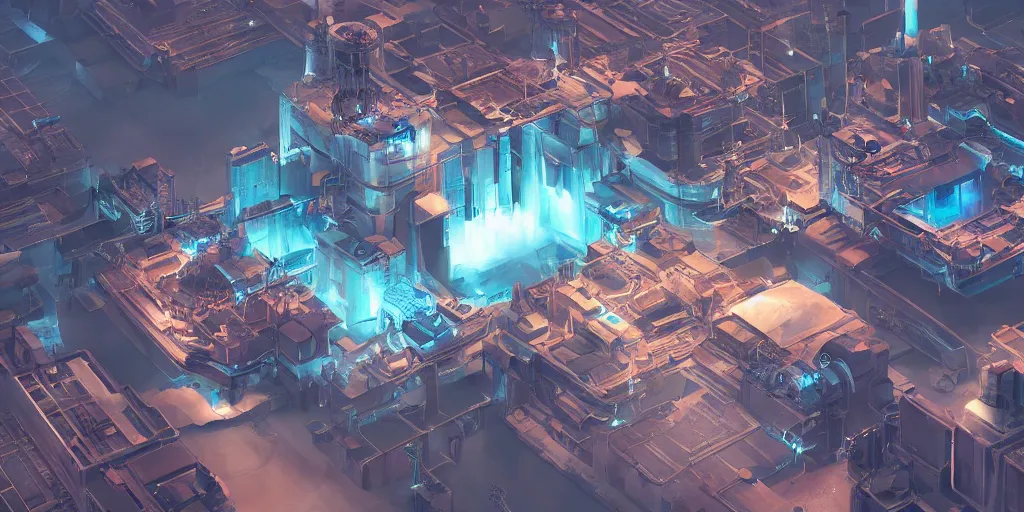 Prompt: aerial view of a futuristic combined cycle powerplant, led lights, high technology, starcraft, dark atmosphere, mattepainting concept Blizzard pixar maya engine on stylized background splash comics global illumination lighting artstation lois van baarle, ilya kuvshinov, rossdraws