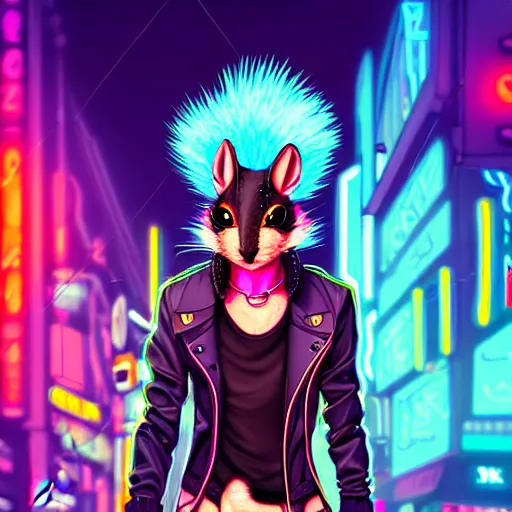 Image similar to beautiful furry digital art portrait commission of an androgynous furry anthro rat fursona wearing punk clothes in the streets of a cyberpunk city. neon signs. character design by charlie bowater, ross tran, artgerm, and makoto shinkai