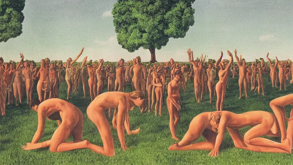 Image similar to A vintage scientific illustration from the 1970s of a Swedish cult performing a human sacrifice to the gods during the midsummer festival in Sweden in the summer on the meadows by René Magritte