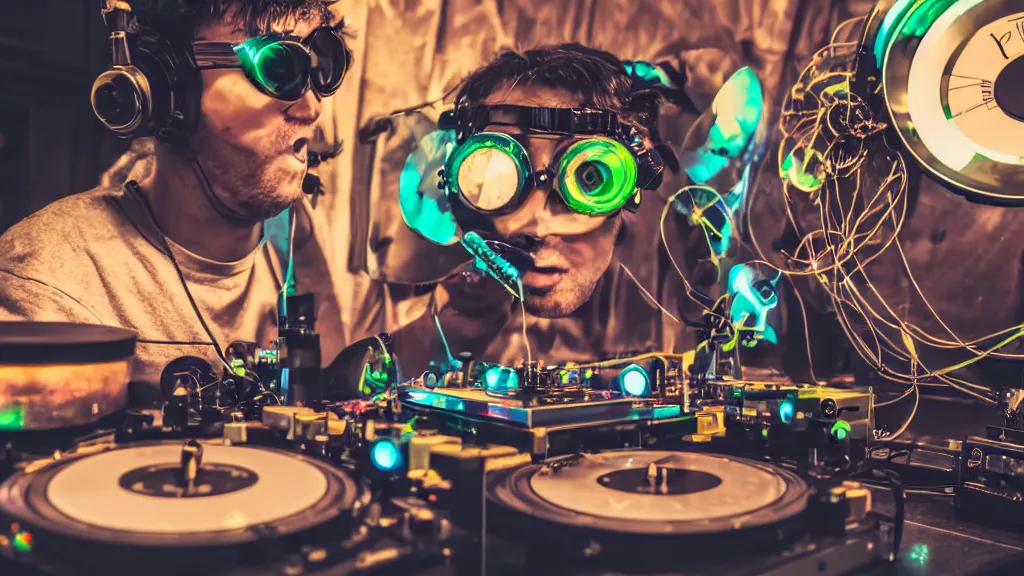 Image similar to a person wearing goggles and visor and headphones using a steampunk record player contraption, wires and tubes, turntablism dj scratching, intricate planetary gears, cinematic, imax, sharp focus, leds, bokeh, iridescent, black light, fog machine, hazy, lasers