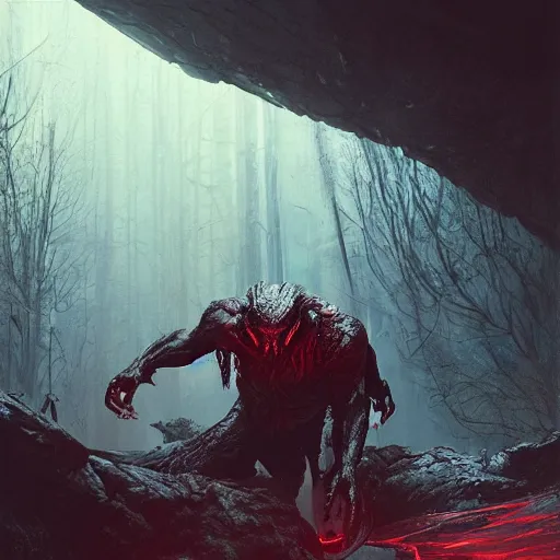 Image similar to An epic image of The Predator with red eyes from Prey Movie in fight position at dark night by Greg Rutkowski, Zdzisław Beksiński, Digital Art, Unreal Engine 5, artstation
