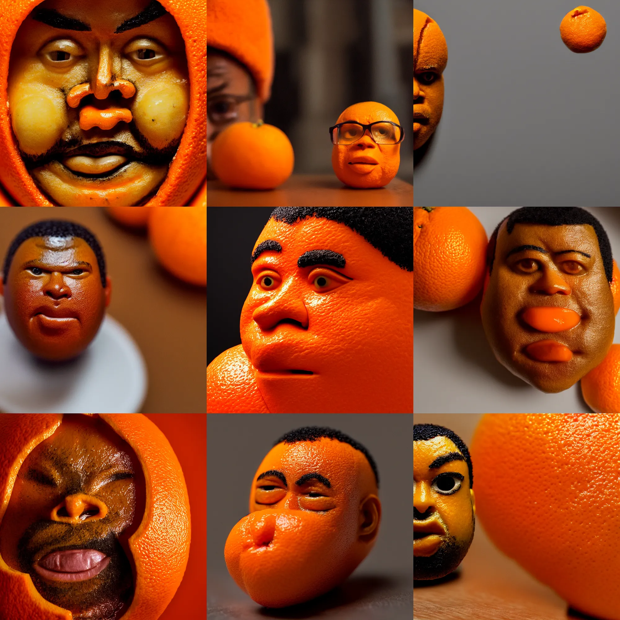 Prompt: orange that looks like jordan peele, jordan peele's face, an orange on a table, macro shot, high detail photo