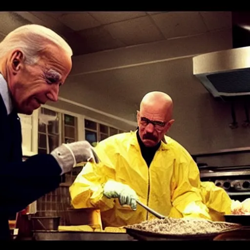 Image similar to “Very photorealistic screenshot of Joe Biden and Walter White cooking drugs in an episode of Breaking Bad, atmospheric lighting, award-winning”