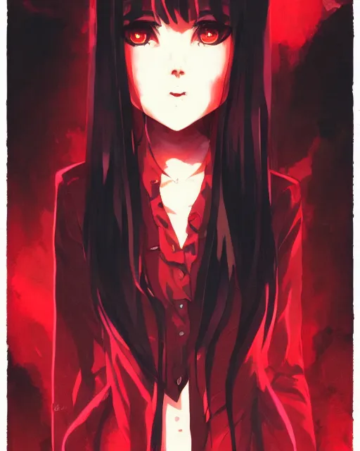 Prompt: vampire girl with wavy black hair wearing red, dark background, ink, cel shaded, anime, ilya kuvshinov, guweiz, svetlana tigai, greg rutkowski, studio trigger, ross tran, loish