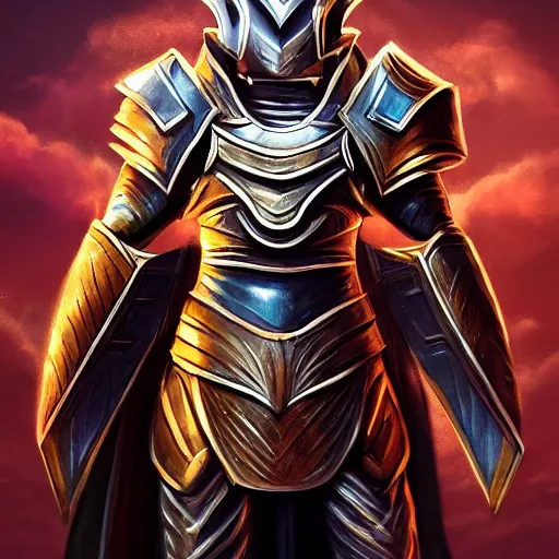 Image similar to animated armor with a helmet face and a sun emblem on his chest, far - mid shot photo, style of magic the gathering, dungeons and dragons, fantasy, intimidating