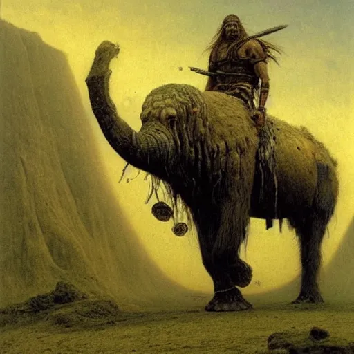 Image similar to ancient mammoth rider, wearing norse armor, beksinski