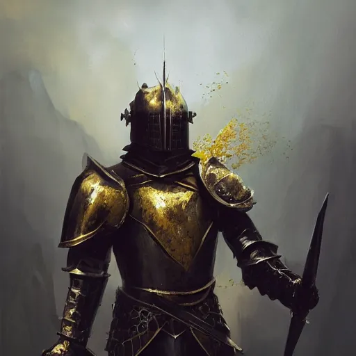 Prompt: anthropomorphic knight warrior stands tall wearing black and gold plate armor, oil painting, Tooth Wu, Greg Rutkowski, RPG, dynamic lighting, fantasy art, High contrast, depth of field, landscape, scenery