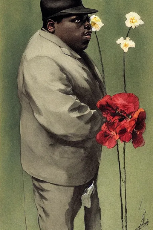 Image similar to portrait of biggie smalls, bloom flowers, modern, eclectic, illustration, by ramon casas