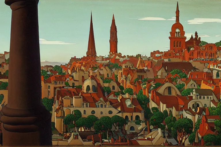 Image similar to view of the old city and its tree-lined winding streets after a storm, tall windows lit up, beautiful ornamental architecture, dramatic cinematic lighting, rich colors, by Nicholas Roerich and and Caspar David Friedrich and ford madox brown and April Gornik and ((Diego Rivera)), featured on artstation