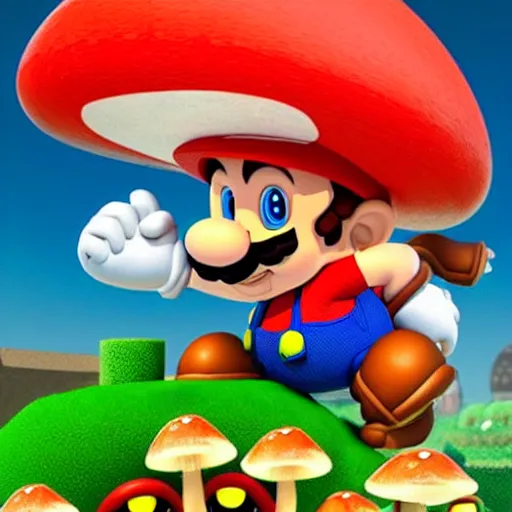 Image similar to hyper realistic super Mario eating mushrooms that take him to a parallel universe where giant mutated turtles eat anthropomorphic toadstools while they scream
