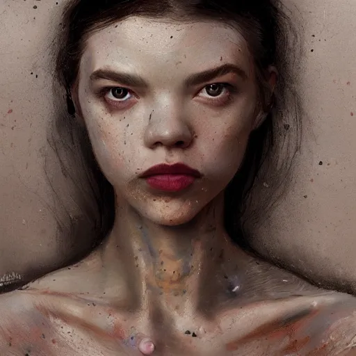 Image similar to expressive oil painting, alien gray - skinned woman based on jennifer connelly mixed with anya taylor - joy, rage, bumpy mottled skin, big black feathered wings instead of arms, body horror, by yoshitaka amano, by greg rutkowski, by jeremy lipkinng, by artgerm, digital art, octane render