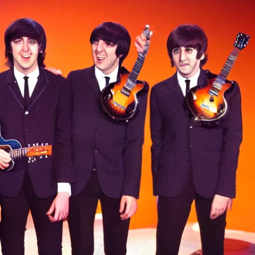 Image similar to the beatles as an emo rock and roll band on the ed sullivan show