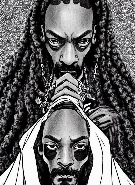 Image similar to Snoop Dogg as a knight, highly detailed, black and white, manga, art by Kentaro Miura