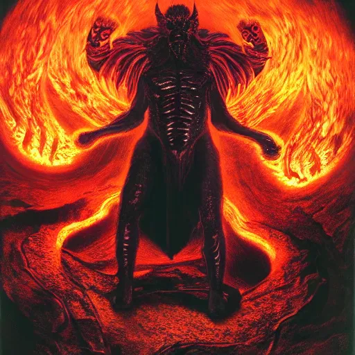 Image similar to Full body photo of asmodeus, he has eyes of fire, he is looking straight to the camera, he has a glow coming from him, she is getting illuminated by lava, behind is an ancient hellscape, the photo was taking by Annie Leibovitz, matte painting, oil painting, naturalism, 4k, 8k