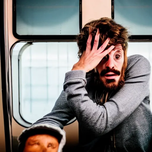 Image similar to a very confused and scared man riding a train for the first time, 8 5 mm shot