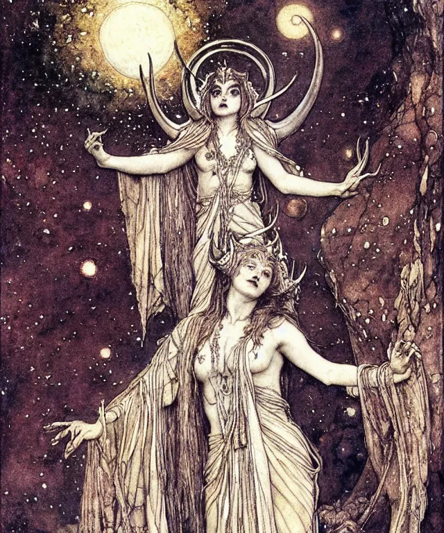 Prompt: A detailed horned many-multiplefaced-goddess stands among the cosmos. Wearing a ripped mantle-robe in cosmic texture. Blurred smudged faces, extremely high details, realistic, fantasy art, solo, masterpiece, colorful art by Arthur Rackham, Eugene de Blaas