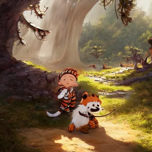 Image similar to Calvin and Hobbes in a fantasy realm, made by Stanley Artgerm Lau, WLOP, Rossdraws, ArtStation, CGSociety, concept art, cgsociety, realistic, foto realism, octane render, trending on artstation, artstationHD, artstationHQ, unreal engine, 4k, 8k,