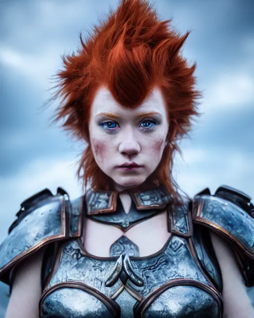 Prompt: north female warrior, red hair, ginger hair, fantasy, high detailed, photography, cloudy, lightweight leather armour, Scandinavia, plain, detailed face, cute face, model, glowing skin, serious face, full body, professional photographer, masterpiece, 8k, 3D