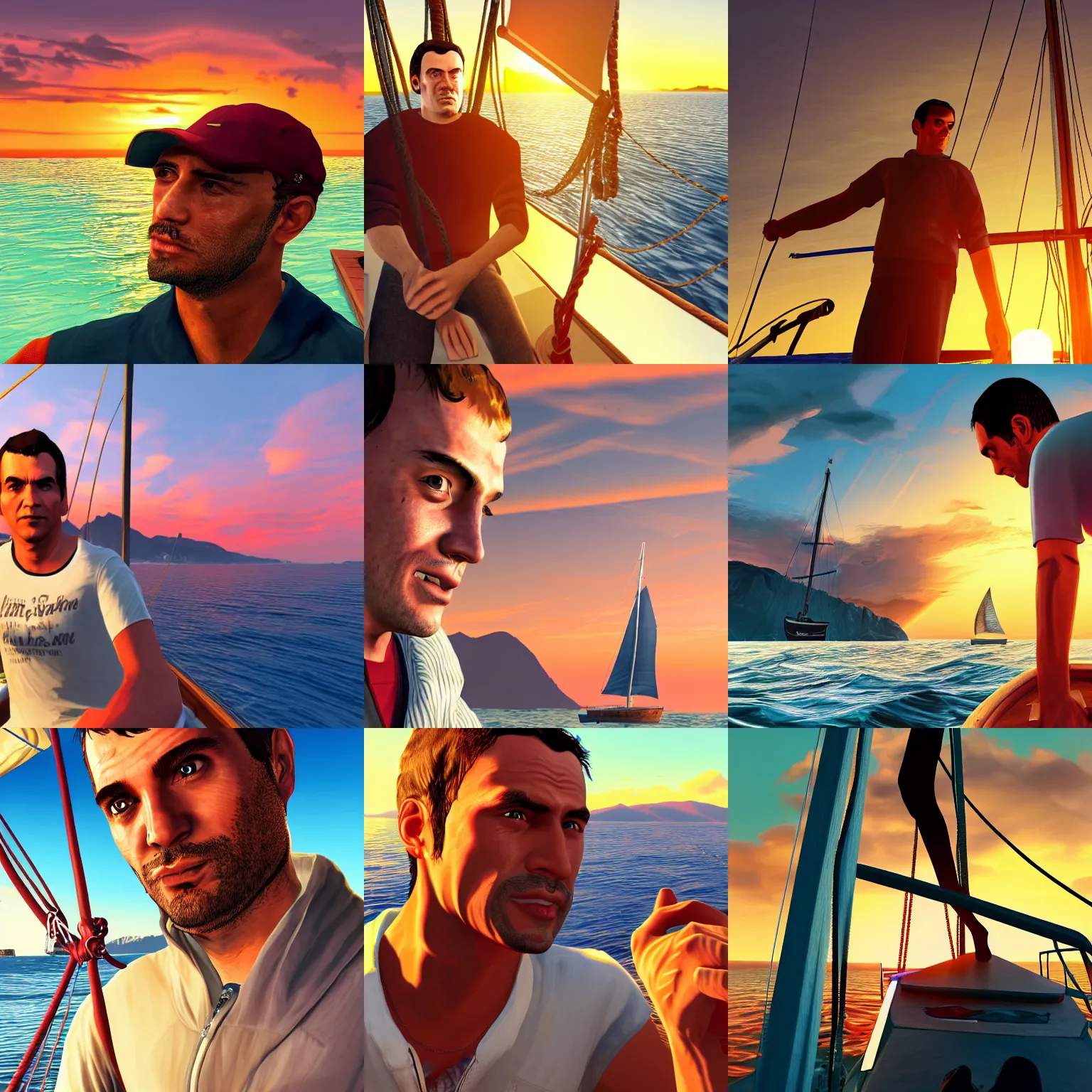 Prompt: 26 year old man on a sailing boat, close up, highly detailed, sunset, GTA V poster