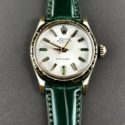 Prompt: vintage wristwatch rolex jewels green leather band numerals in japanese black display case macro photograph, intricate details