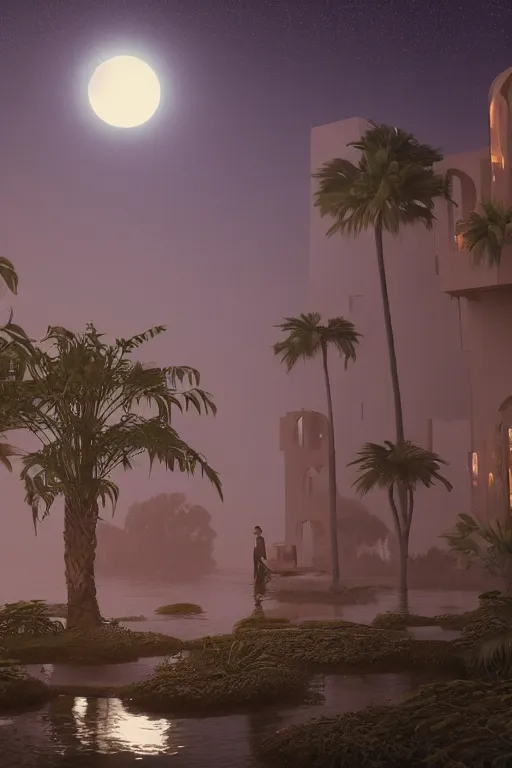 Image similar to the only building hovering over a deserted oasis on a moonlit night, clear focus, illustration, unreal engine 5, 8 k, in the style of peter morbacher, zek yerki, greg rutkowski, dim picturesque lighting of volumetric water bodies