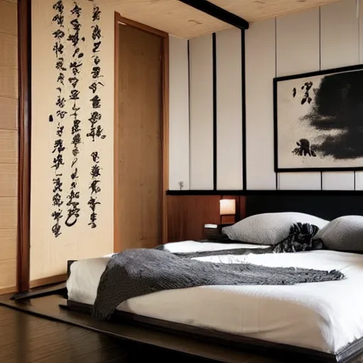 Prompt: bedroom, stone, interior design, stylish luxury hotel bedroom design, yakisugi, black vertical slatted timber, textures, feminine, black walls, art, Japanese pottery vase with flowers, Japanese influences