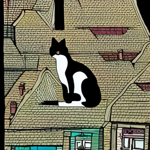 Image similar to a cat on a rooftop in a city by tim burton