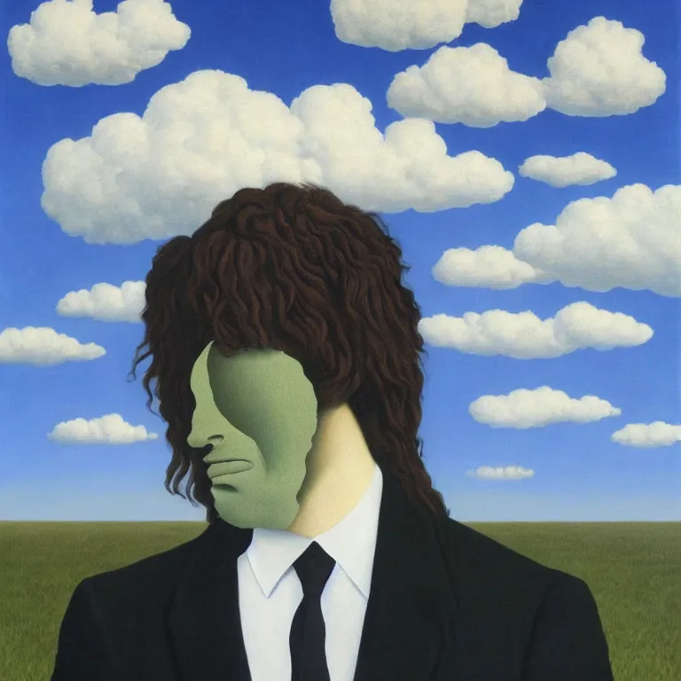 Image similar to portrait of a faceless shadow - head man with messy long hair in a suit, clouds in the background, by rene magritte, detailed painting, distance, middle centered, hd, hq, high resolution, high detail, 4 k, 8 k