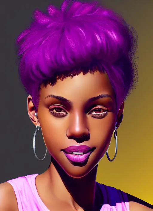 Image similar to portrait of vanessa morgan, black teenage girl, pink hair, wavy pixie haircut, purple newsboy cap, hoop earrings, subtle confident smile, intricate, elegant, glowing lights, highly detailed, digital painting, artstation, concept art, sharp focus, illustration, art by wlop, mars ravelo and greg rutkowski