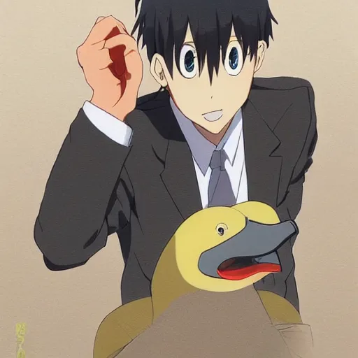 Image similar to a duck wearing a business suit, illustration concept art anime key visual trending pixiv fanbox by wlop and greg rutkowski and makoto shinkai and studio ghibli and kyoto animation symmetrical facial features