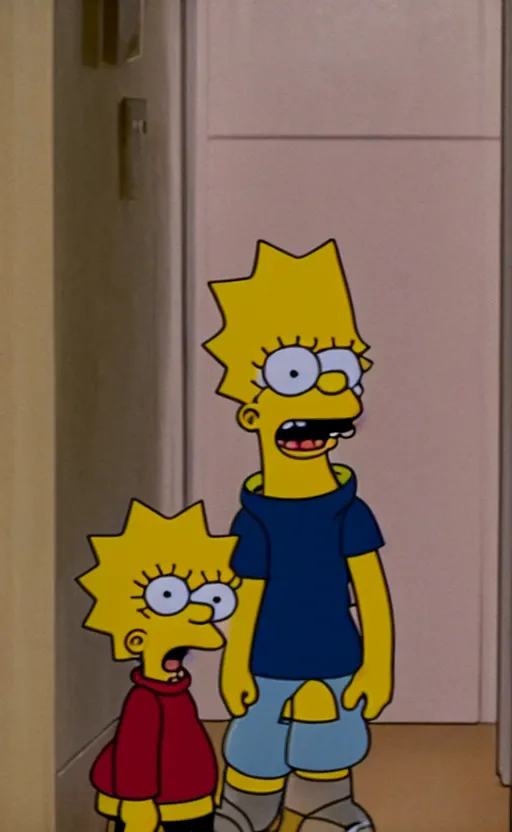 Image similar to lisa simpson and bart simpson in the shining hallway scene, movie screenshot