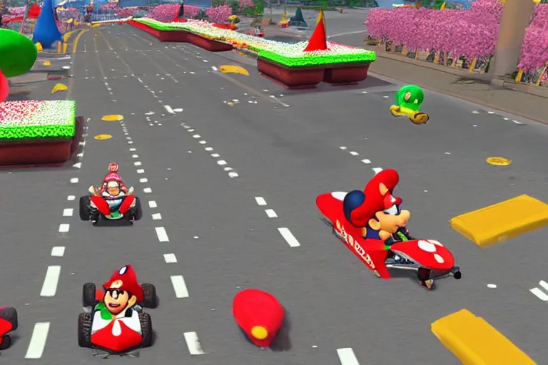 Prompt: mario kart in tiananmen square, ingame screenshot, highly detailed