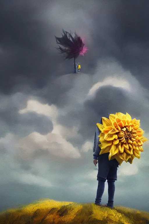 Image similar to closeup girl with huge yellow dahlia flower face, intricate, standing on mountain, surreal photography, blue storm clouds, dramatic light, impressionist painting, digital painting, artstation, simon stalenhag